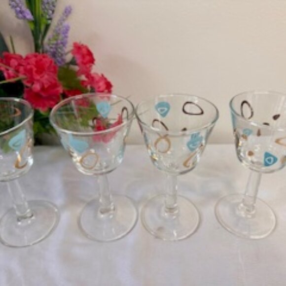 Vintage Boomerang Amoeba Glasses Turquoise Gold Retro MCM Federal Barware - Picture 4 of 6